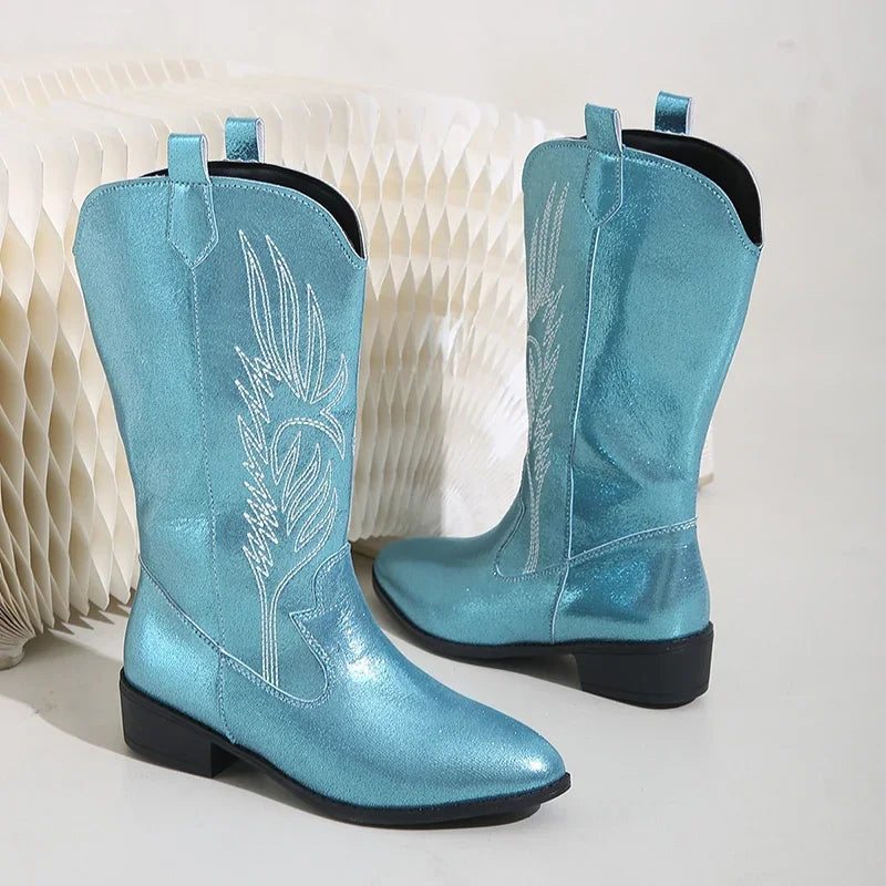 Ingvn  Vintage Thick Heel Women Western Cowgirl Boots Fashion Slip On Shoes Autumn Winter Embroidery Ladies Mid Calf Booties