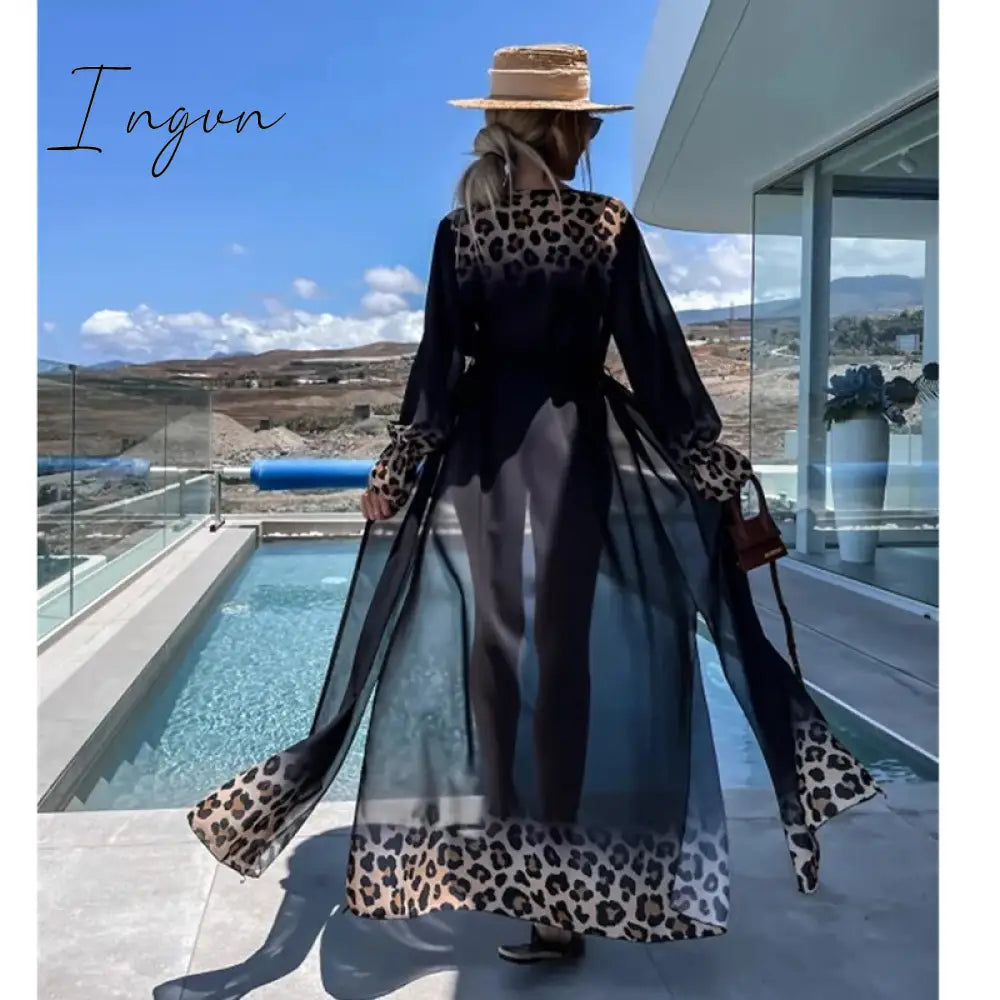 Ingvn - 2023 Swimsuit Cover Up Kaftan Tunic Dress Print Chiffon Pareo Kimono Summer Women Beachwear Beach Cover-up Cardigan Outfits