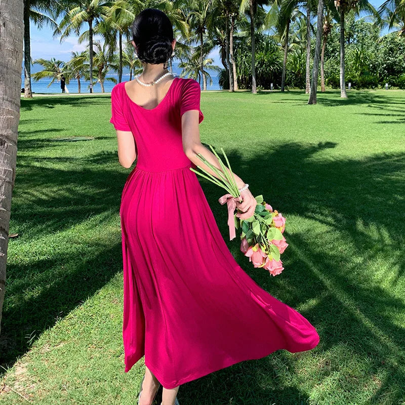 Elegant Beach Holiday Long Dresses for Women Summer New Vintage Lace-up Drawstring V-neck Casual Sweet Slim Female Clothing
