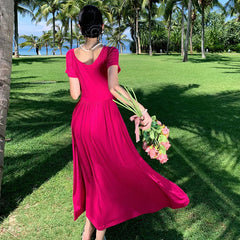 Elegant Beach Holiday Long Dresses for Women Summer New Vintage Lace-up Drawstring V-neck Casual Sweet Slim Female Clothing