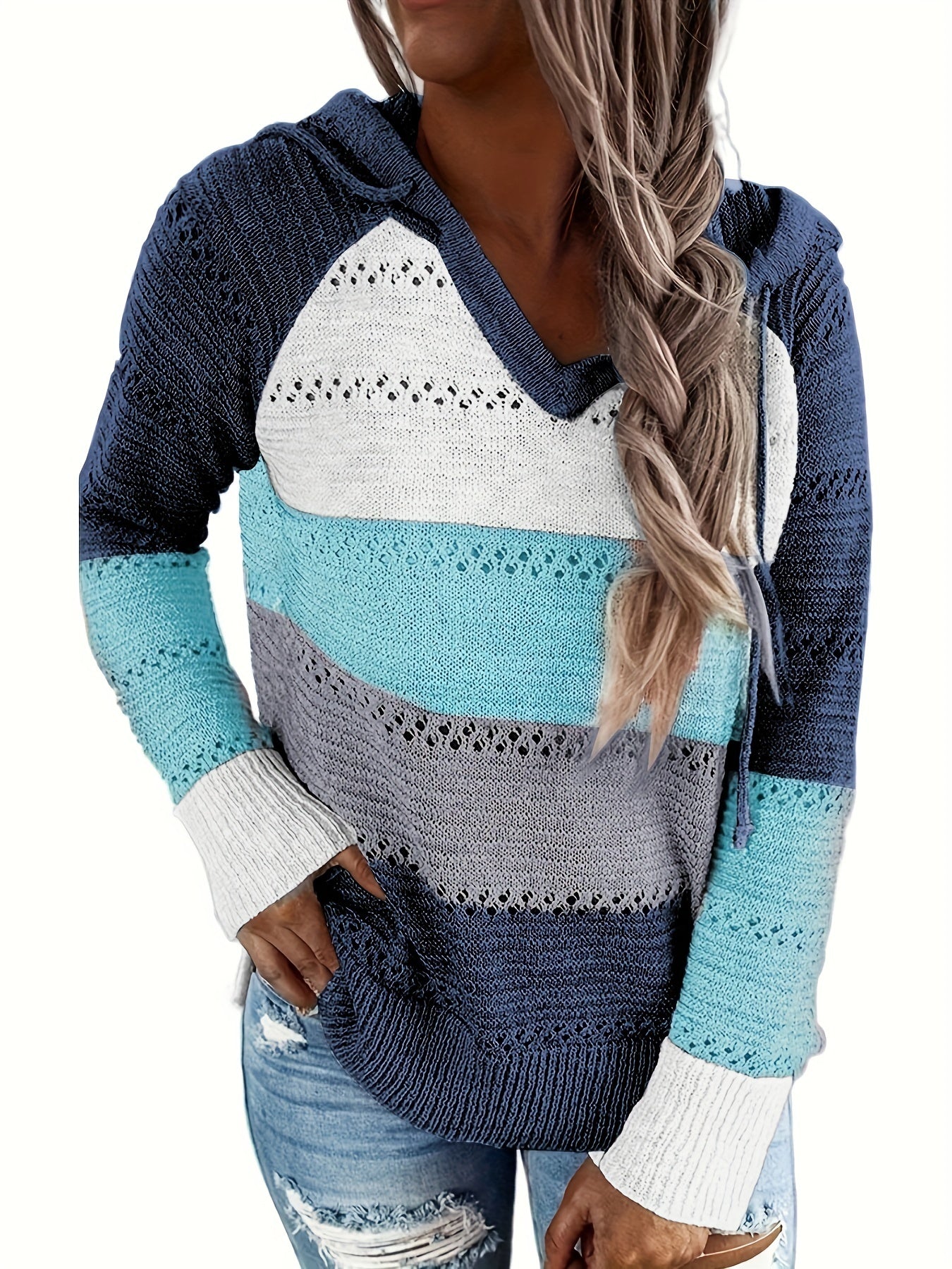 Color Block Drawstring Hooded Sweater, Casual Long Sleeve Sweater For Fall & Winter, Women's Clothing