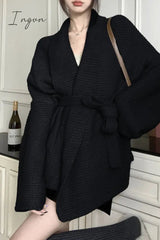 Ingvn - Street British Style Solid Bandage Turndown Collar Outerwear