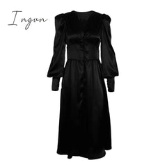 Ingvn - Puff Sleeve Vintage Satin Midi Dress Women V-Neck Party Pleated Dress Black Elegant Bodycon Dress Ladies Chic Ruched
