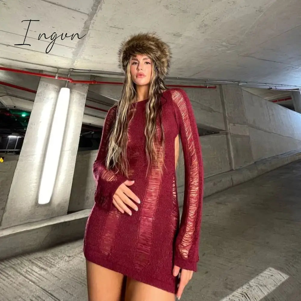 Ingvn - Y2K Knitted Tassel Women Backless Hollow Out Long Sleeve T Shirt Sexy Party Club Casual Beach Outfits Tee Top 2023 Summer
