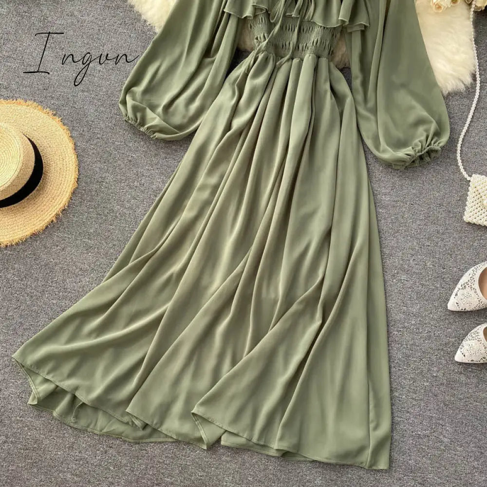 Ingvn - Woherb Chic Elegant Square Collar Maxi Dress Women Solid Chiffon Puff Sleeve Dresses Korean Fashion Vintage Ruffle Vestidos