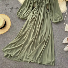 Ingvn - Woherb Chic Elegant Square Collar Maxi Dress Women Solid Chiffon Puff Sleeve Dresses Korean Fashion Vintage Ruffle Vestidos