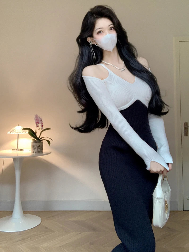 Vintage Long Sleeve Knitted Sweater Midi Dresses for Women Autumn Winter Elegant Party Korean Sexy Bodycon Female Clothing