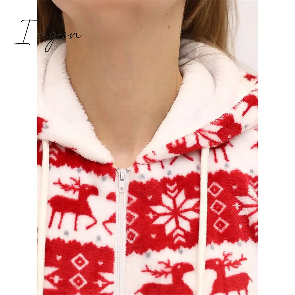 Ingvn - Women's Pajamas Jumpsuit Elk Snowflake Warm Fashion Casual Home Christmas Daily Polyester Breathable Hoodie Long Sleeve Pocket Fall Winter Black White