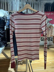 Red Striped Six Buttons Long Sleeve T-shirts Women Spring O-neck Cotton Slim Tee Shirt New Preppy Sytle Sweet Tshirt Y2k Tops