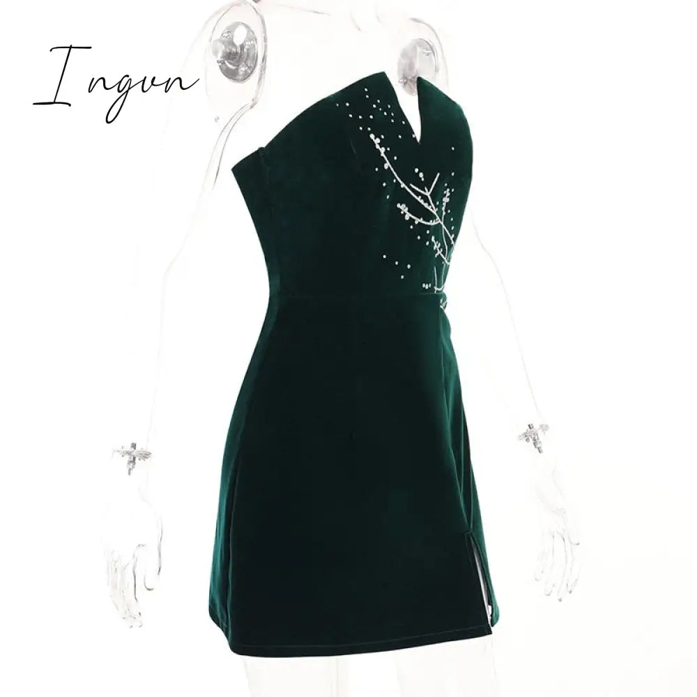 Ingvn - Womens Fall Fashion V Neck Velvet Dress Women Sexy Sleeveless Elegant Fashion Female Clothes Solid Backless Strapless Side Split Dress Black