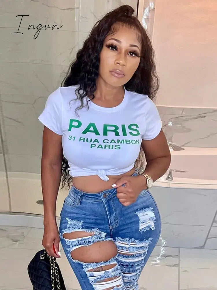 Ingvn - Y2K White Crop T Shirt Women Letter Print O-Neck Short Sleeve Casual Crop Tops Fashion Cute Streetwear Summer Slim Tees