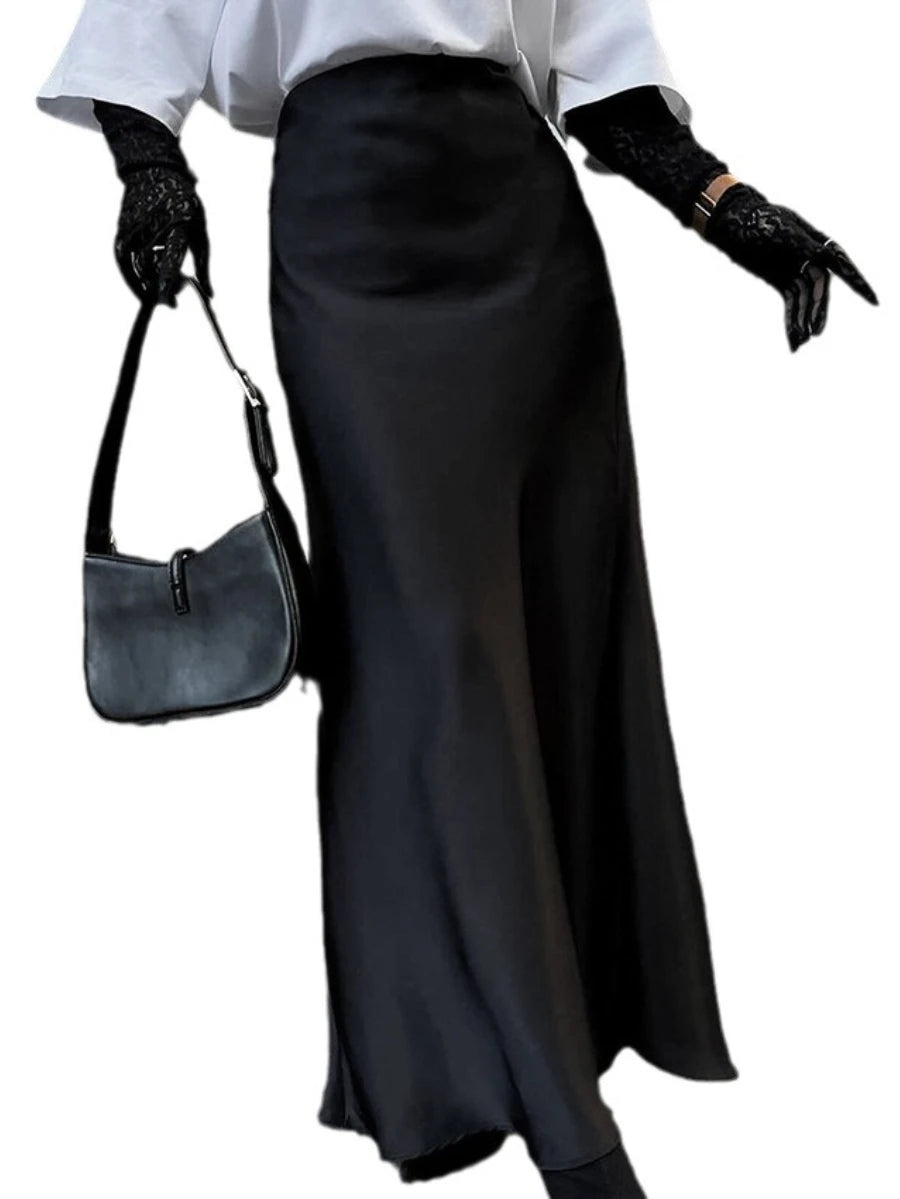 Ingvn   Women's High Waisted Solid Long Skirt Elegant Lce Silk Satin Slim Fit Skirt Fashion Office Lady Summer Long Skirt