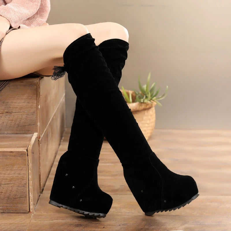 Ingvn  Footwear Wedge Heel Shoes for Women Platform Ladies Boots Elastic Thigh High Above Over The Knee Pu Waterproof Spring Autumn Y2k