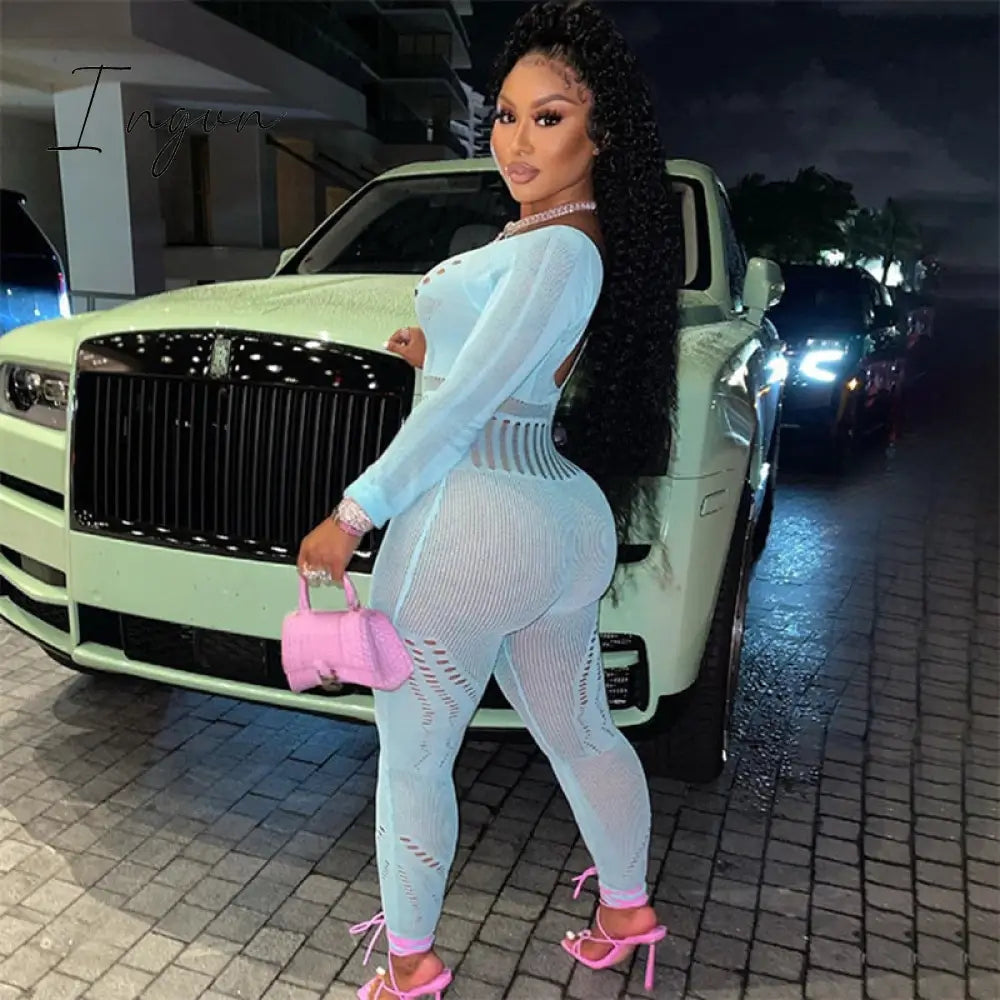 Ingvn - Hollow Out Knitted Mesh Jumpsuits Women Sexy See Through Long Sleeve Hipster Stretchy Skinny Overalls Clubwear Romper