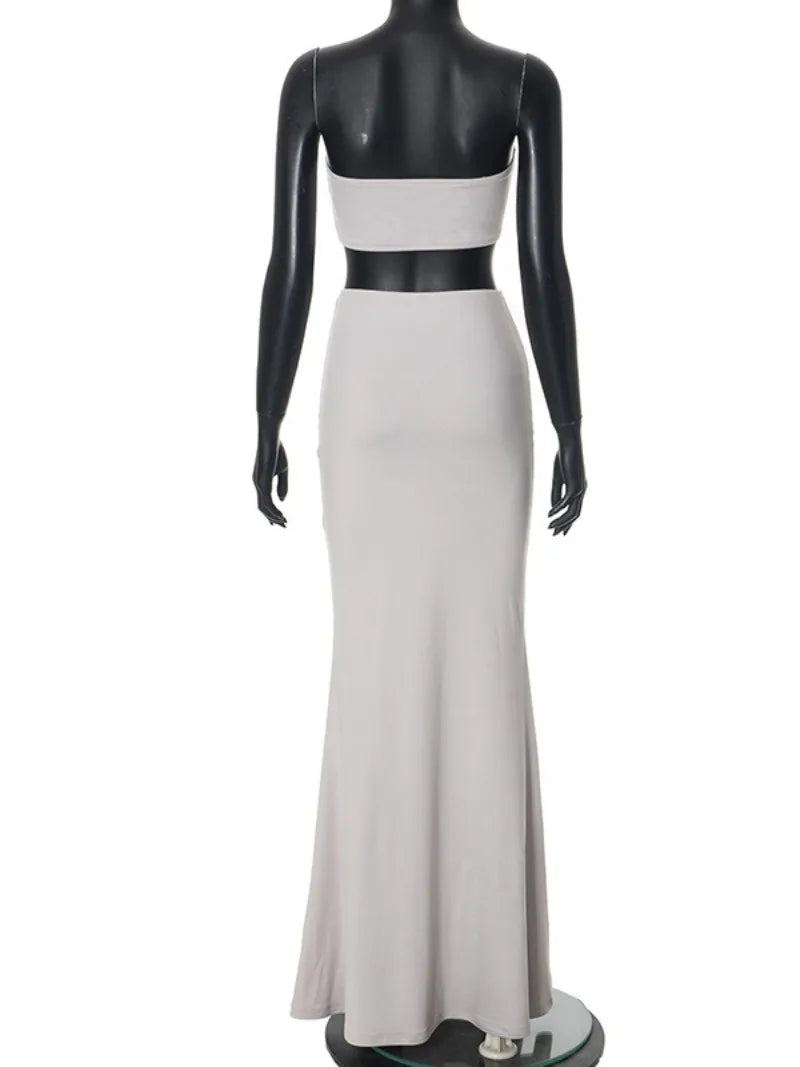 Ingvn  Fashion Sexy Super-short Corset Top Long Maxi Dresses Sets Elegant Solid Gray High Waist Skirts 2 Piece Matching Set Streetwear