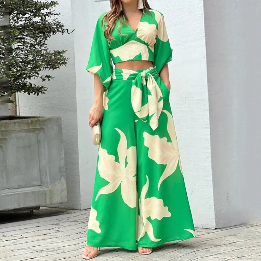 Ingvn - Autumn Sweet Printed Women Two Piece Sets Fashion Long Sleeves V Neck Cropped Tops Sexy High Waist Wide Leg Pants Elegant Suits