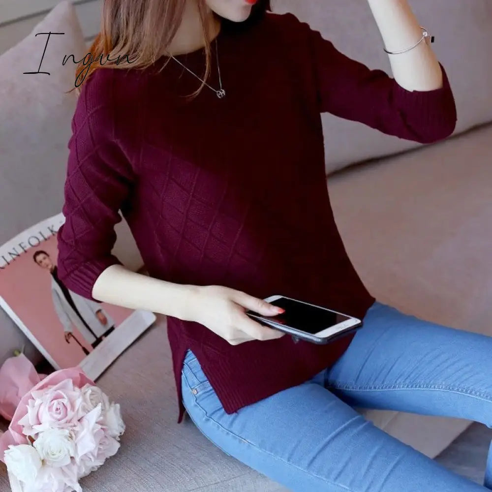 Ingvn - Sweater Women Fall Winter Knitted Sweater Cropped Sweater Korean Fashion 2023 Pullover Sweaters Plaid Clothes Solid Loose Tops