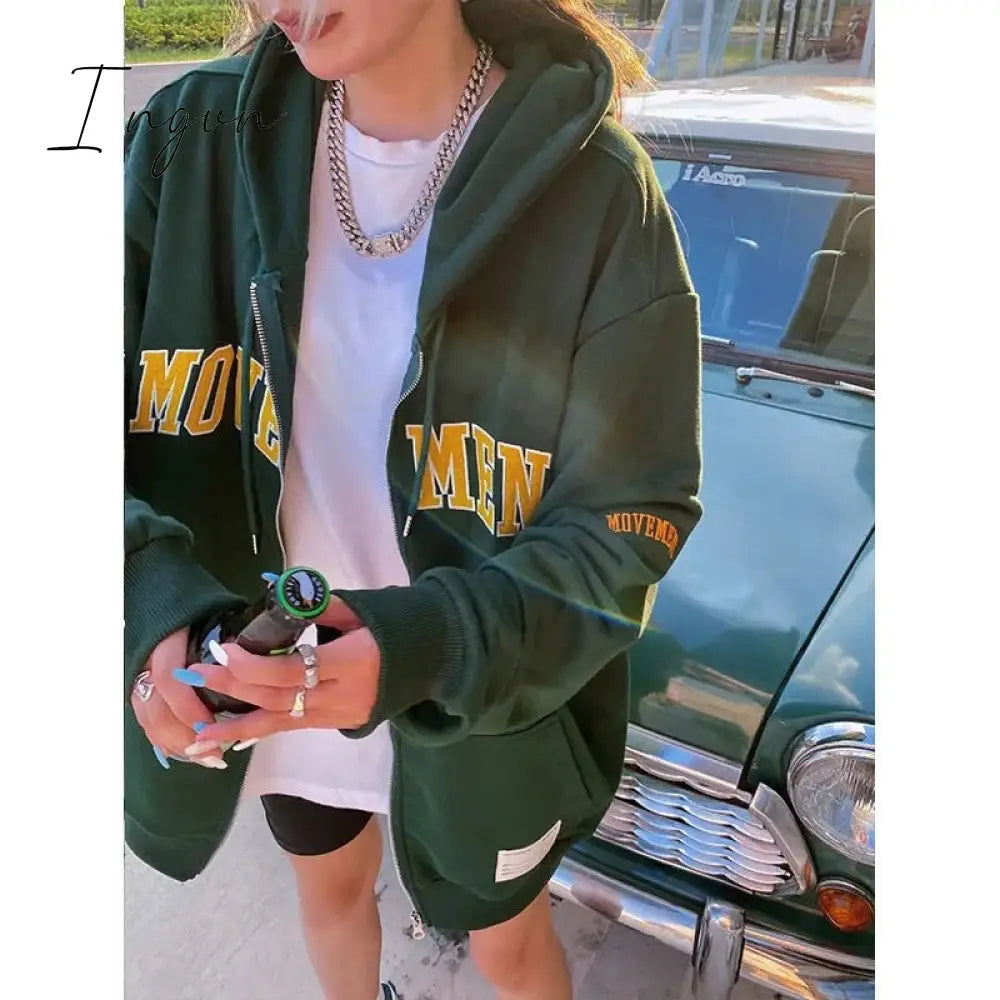 Ingvn - Y2K Vintage Oversized Women Hoodies Harajuku Aesthetic Zip Up Hooded Sweatshirt Top Long Sleeve E Girl Clothes Casual ins