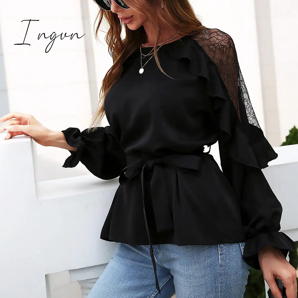 Ingvn - Round Neck Front Tie Flounce Sleeve Lace Cap Blouse
