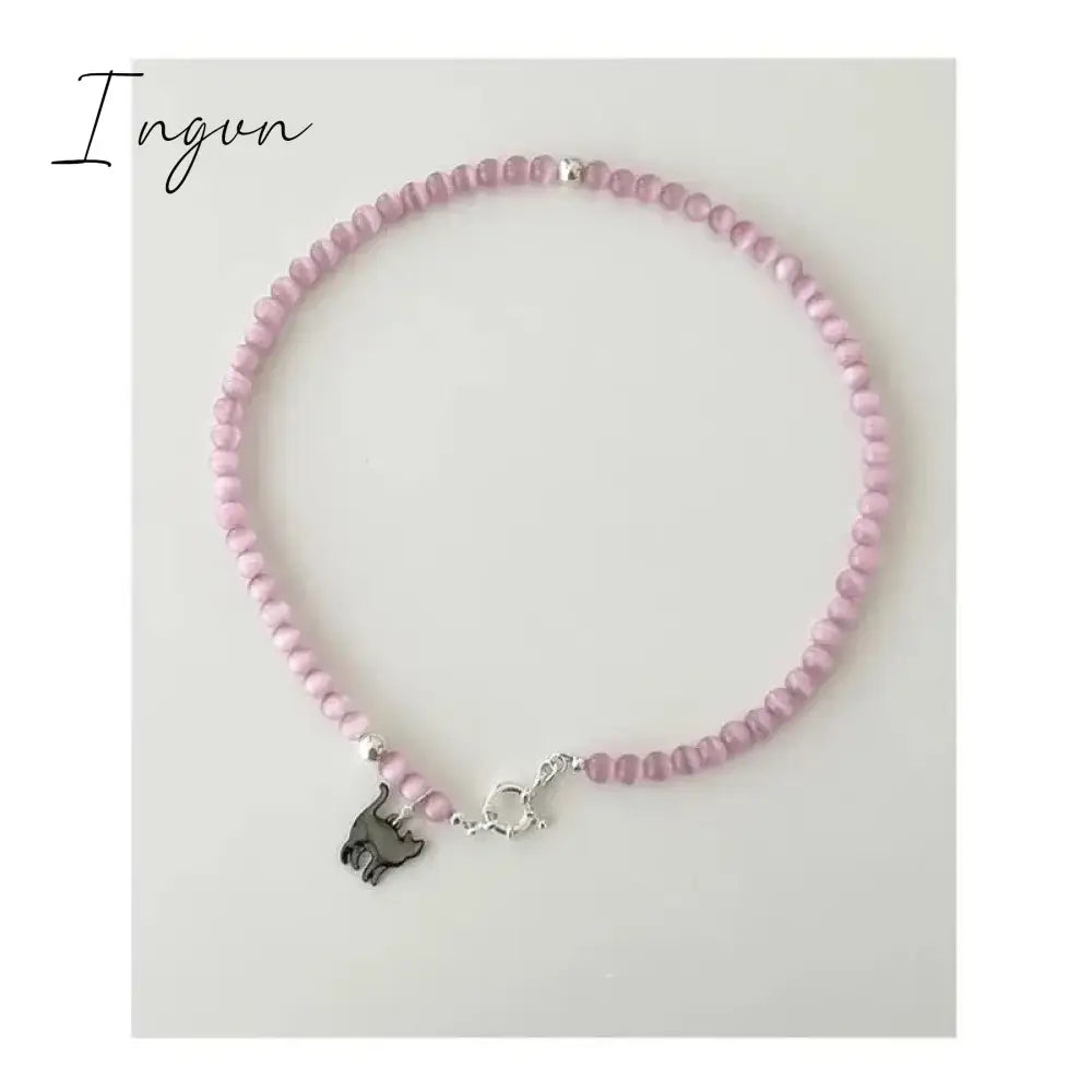 New Pink Crystal Opal Beaded Cat Pendant Necklace for Women Sweet Cool Cute Aesthetics Clavicle Chain Trendy Jewelry Gift