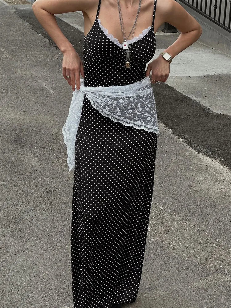 Lace Patchwork Printed Long Dress For Women Summer Slim Fashion V-Neck Spaghetti Backless Dress Female Halter Dresses