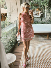 2025 Summer Halter Dress Women Sequined Glitter Lace Up Hanging Neck Dress Fashion Sexy Backless Party Gown Pink Short Dresses