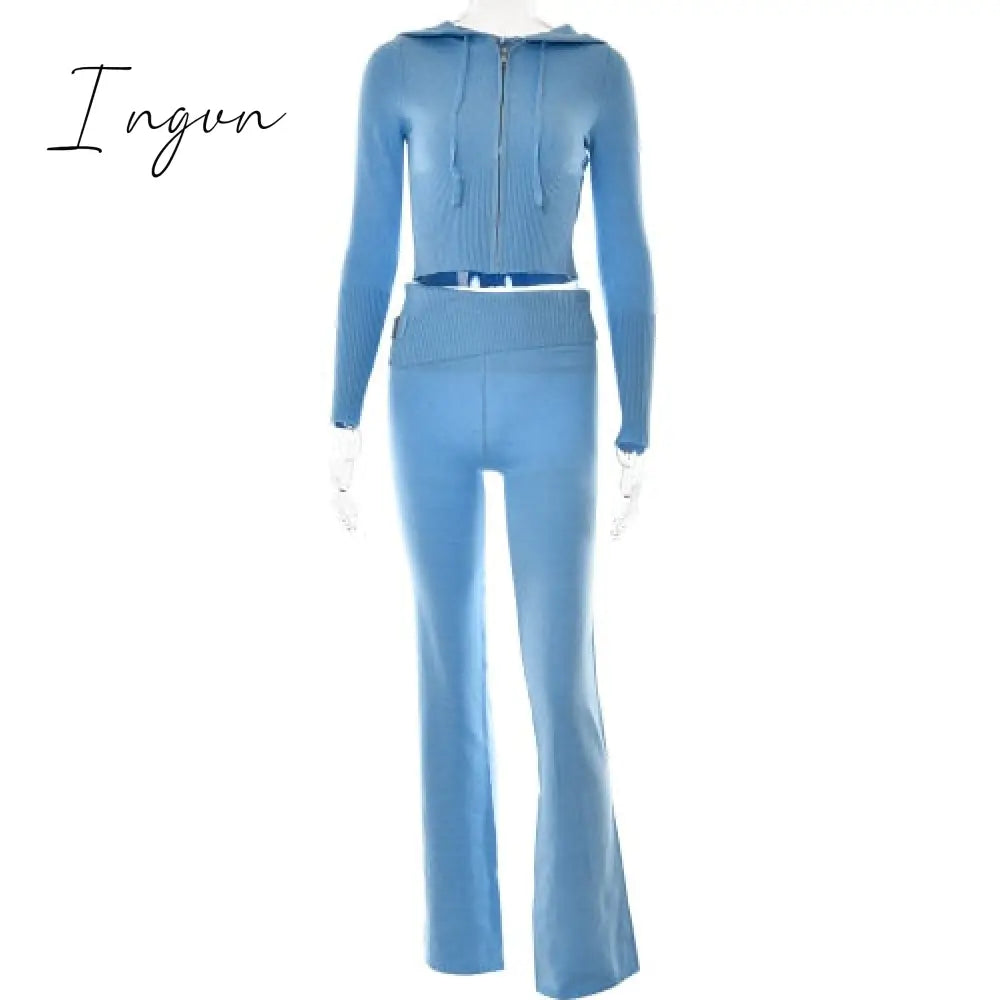 Ingvn - Spring New Hoodie Cropped Top And Pants Sets High Waist Flare Pants Suits Pink Knitted Womens Y2k Two Piece Set