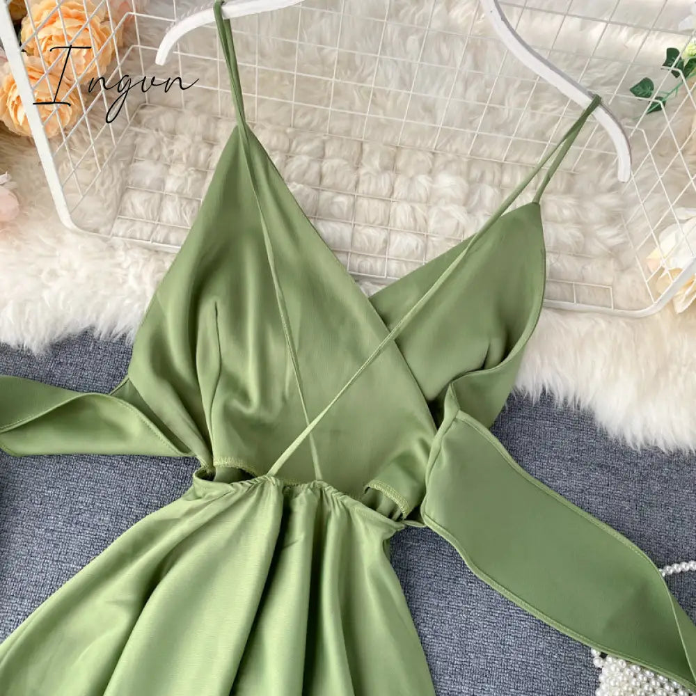 Ingvn - Boho Slim V Neck Summer bandage backless Maxi Long Dress Women Casual spaghetti strap Party Beach Holiday elegant tunic dress