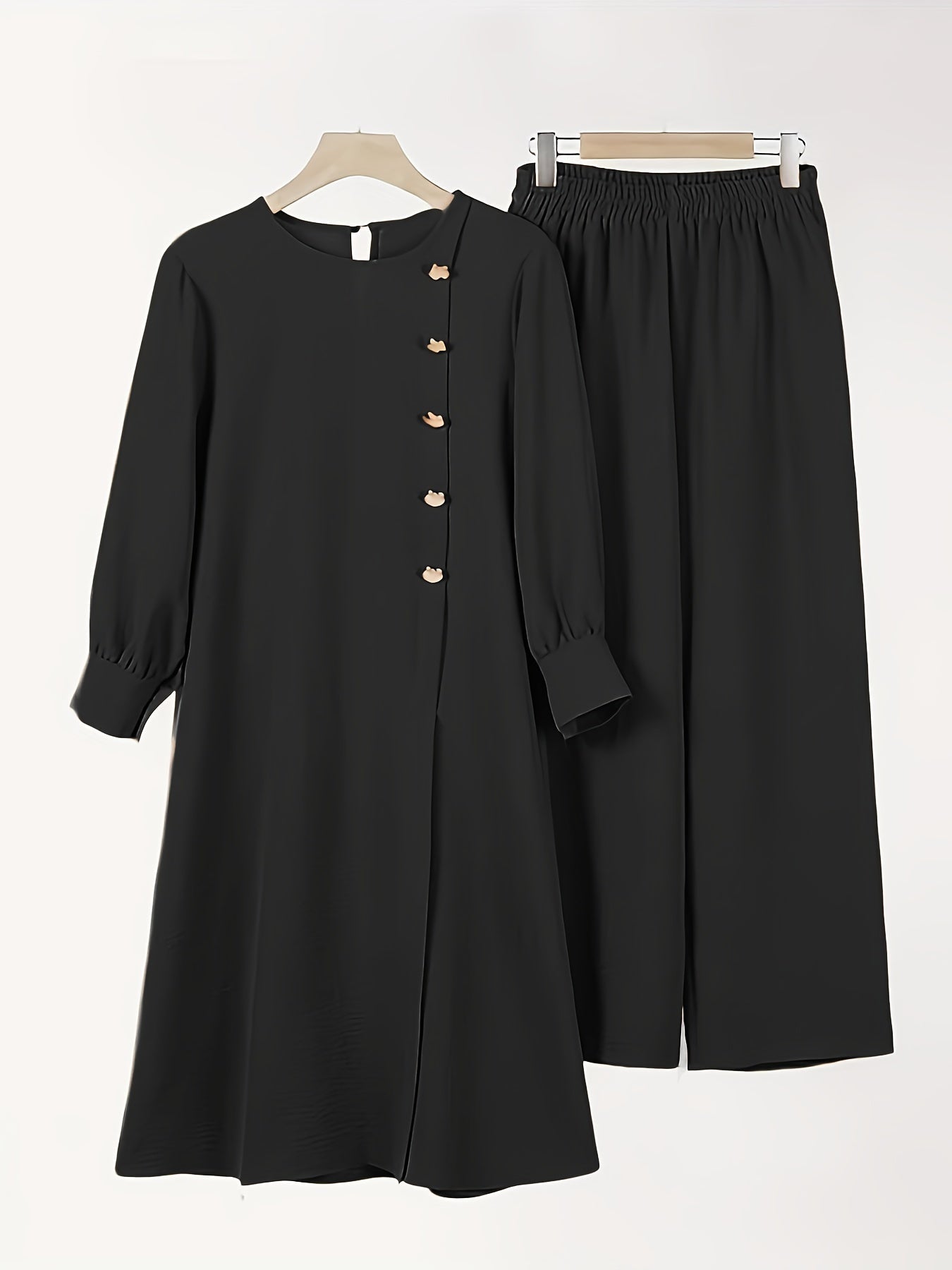 Two-piece Set, Elegant Solid Color Long Sleeve T-shirt & Loose Pants Outfits, Women's Clothing
