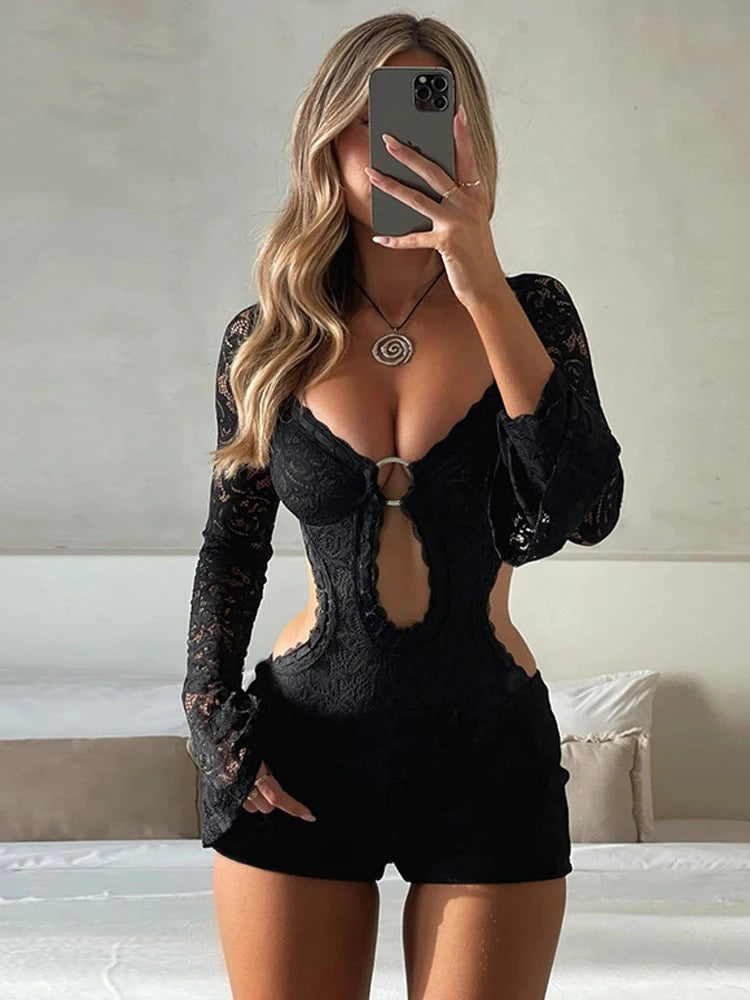Black Halter Backless Hollow Out Summer Playsuits Rompers Women Holiday Casual Elegant Short Jumpsuits Homewear