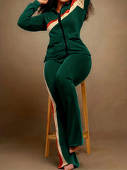 Two-piece Set, Long Sleeve & Long Length, Zip Up, Striped Print Retro Outfits, Women's Clothing