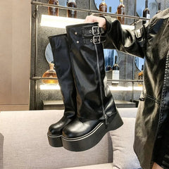 New Autumn Versatile Women's Platform Flat Heel Women's Long Boots Fashion Zipper Rider Botas Casual Goth Knee-high Boots