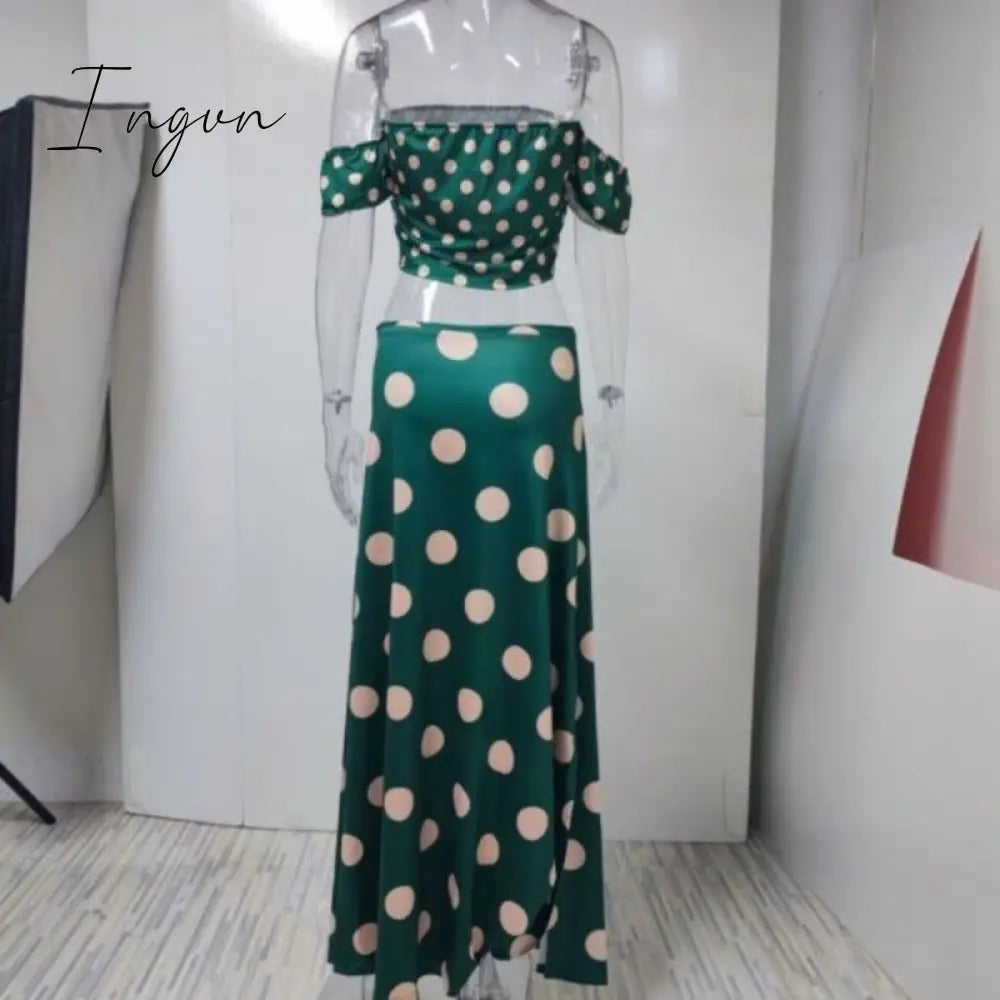 Ingvn - Polka Dot Print Maxi Skirt Suit Women Summer Print Cropped Top Sexy Side Split High Waist Skirt 2 Piece Sets Woman Beach Outfits