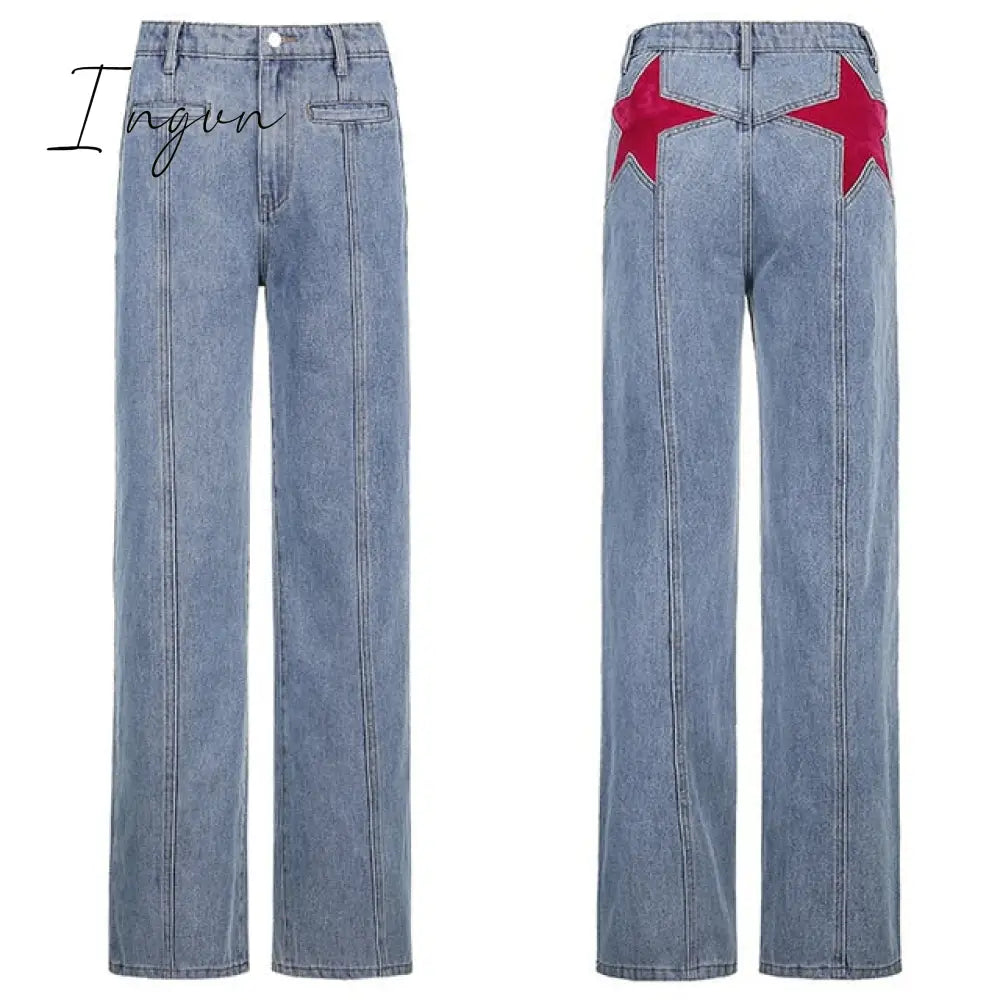 Ingvn - Weekeep Pockets Patchwork Baggy Jeans Fashion Streetwear 100% Cotton Women Denim Trouser Loose Cargo Pants Korean Jeans Harajuku