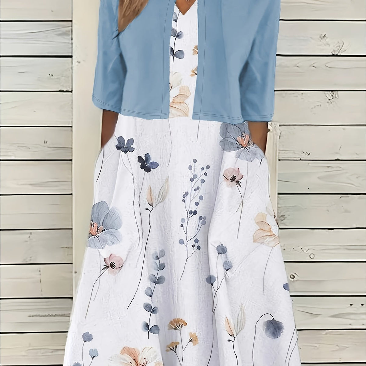 Spring/Summer Chic: Floral Print Two-Piece with V-Neck Crop Top & Comfortable Knit Dress Set, Elegant & Easy Care