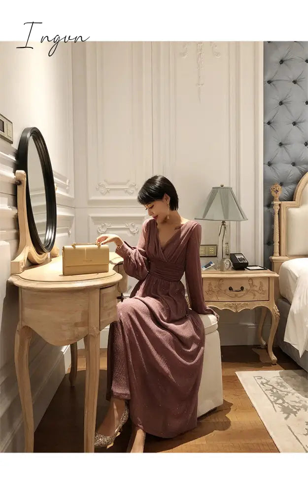 Ingvn - Vintage Glitter Long Maxi Dress Women Spring High Waist Long Sleeve Elegant Boho Dress Shiny Party Dress Plus Size Sexy