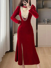 Autumn Elegant Black Velvet Dresses for Women Long Sleeve Stand Collar Mermaid Evening Party Dress Prom Robe Vestidos Mujer New