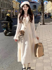 Elegant Party Dresses Woman French Ruffles V-Neck Long Sleeve Princess Mermaid Dress Autumn Spring Chic Vestidos Female Outfits