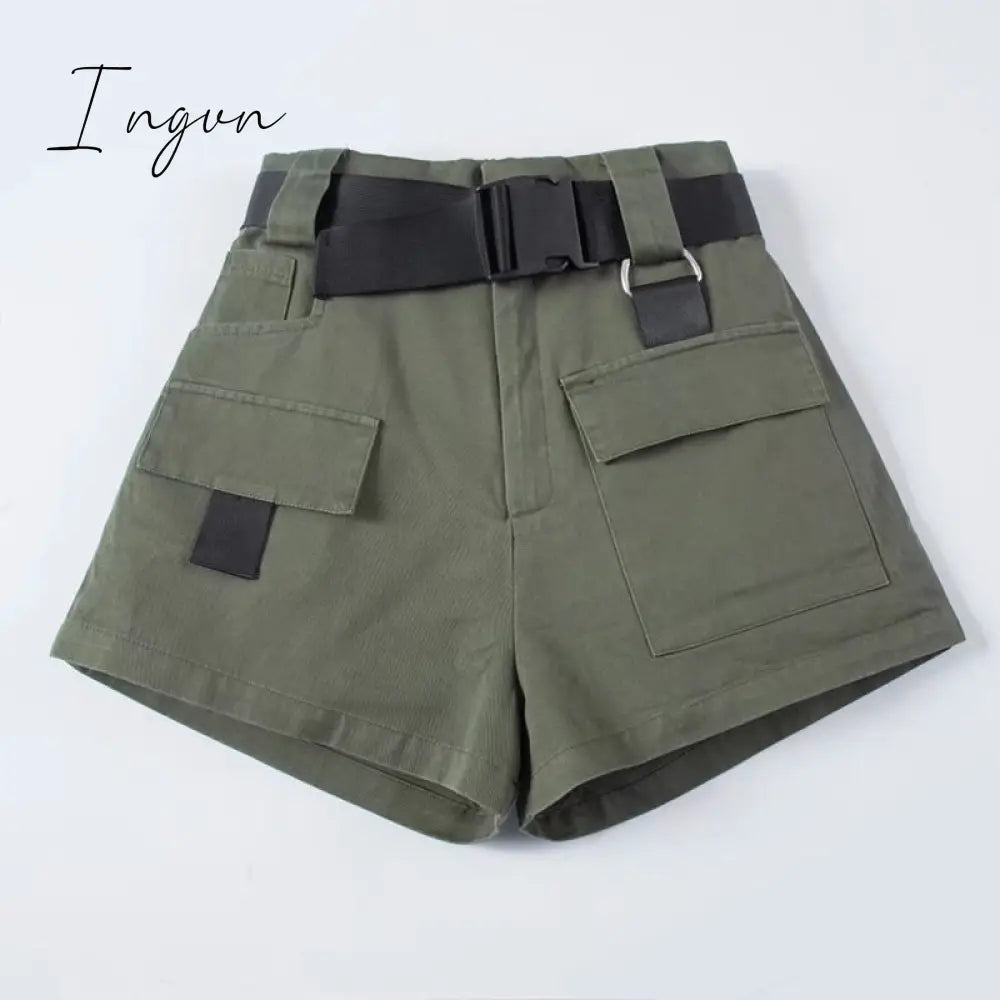 Ingvn - High Waist Cargo Shorts With Pocket Buckle Belt