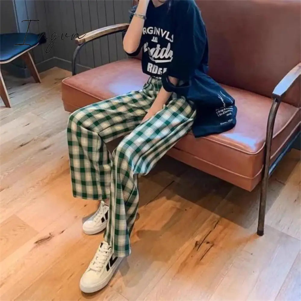 Ingvn - Vintage Plaid Pants Women High Waist Plus Size Wide Leg Casual Female Trousers Summer Joggers Clothes Streetwear Girl Pants