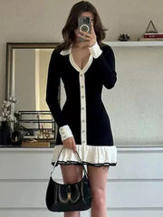 Ruffled Bow Knit Mini Dress Women's Summer Backless Contrast Cardigan Lace-Up Elegant Dress Female Knitwear Bandage Dress