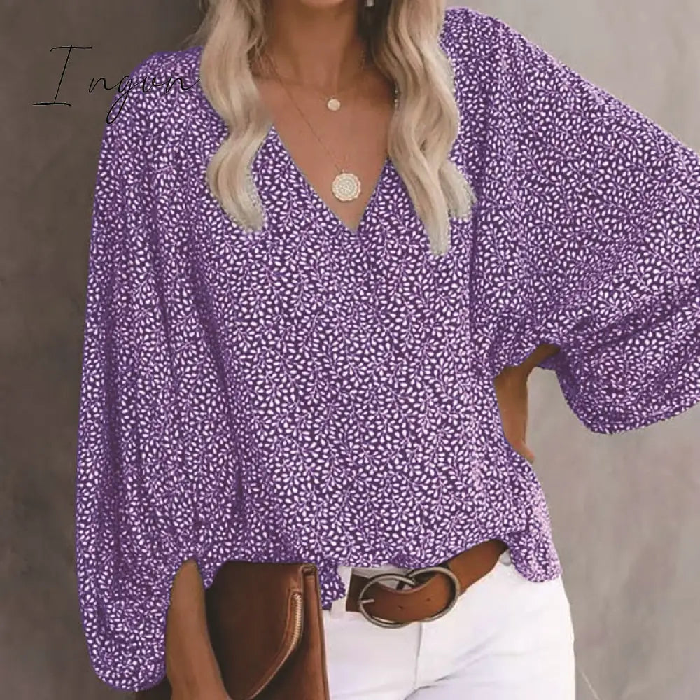 Ingvn - Summer Outfits Female Streetwear Oversized XXXL Tops Blusa Summer V Neck Long Lantern Sleeve Blouse Casual Women Printing Loose Elegant Shirts