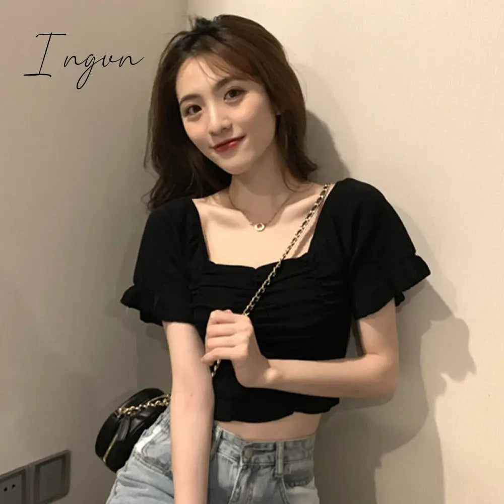 Ingvn - Knitted Fashion Blouse Woman Ruffle Youth Elegant Blouse Summer Crop top Sexy Slim fit Shirt Short sleeve