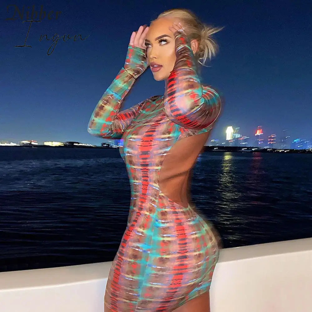 Ingvn - Sexy Backless Serpentine Print Mini Bodycon Dress Women Fall Chic Package Hip Streetwear Female Casual Party Club Clothes