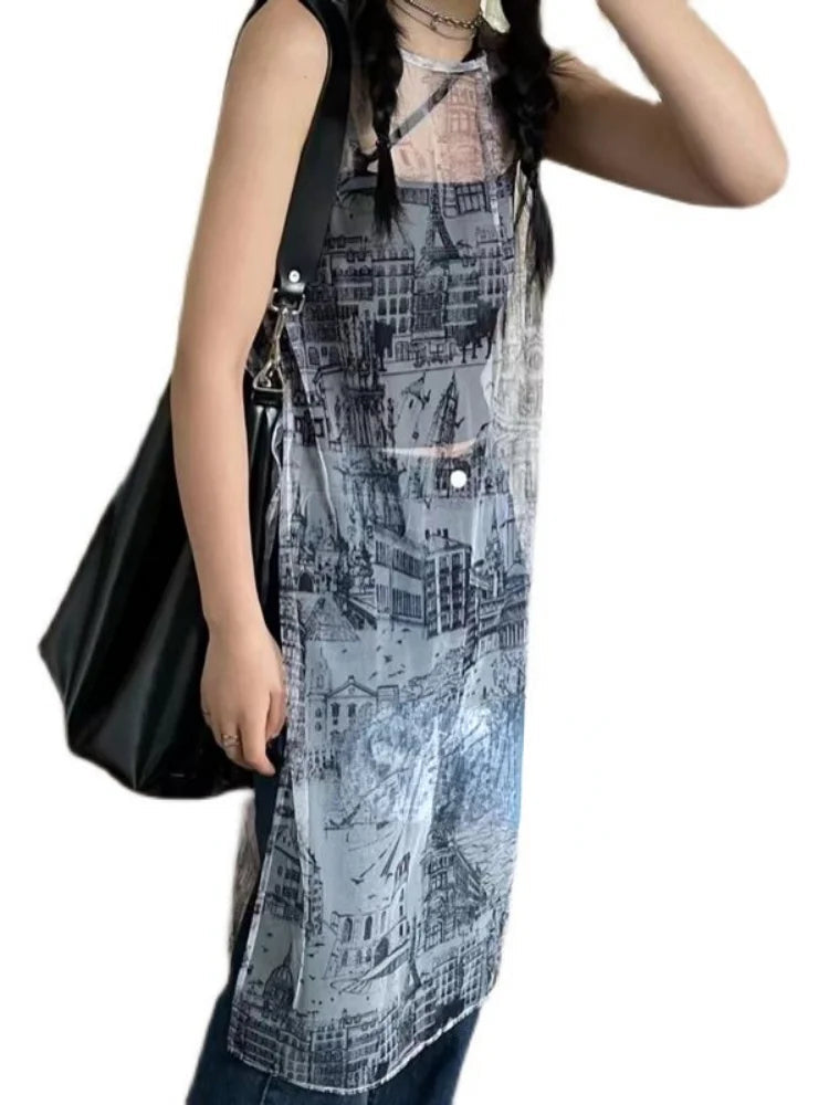 Summer Korean Fashion See Through Women Dress Y2k Aesthetic Newspaper Print O Neck Dresses Harajuku Vintage Sleeveless Vestidos