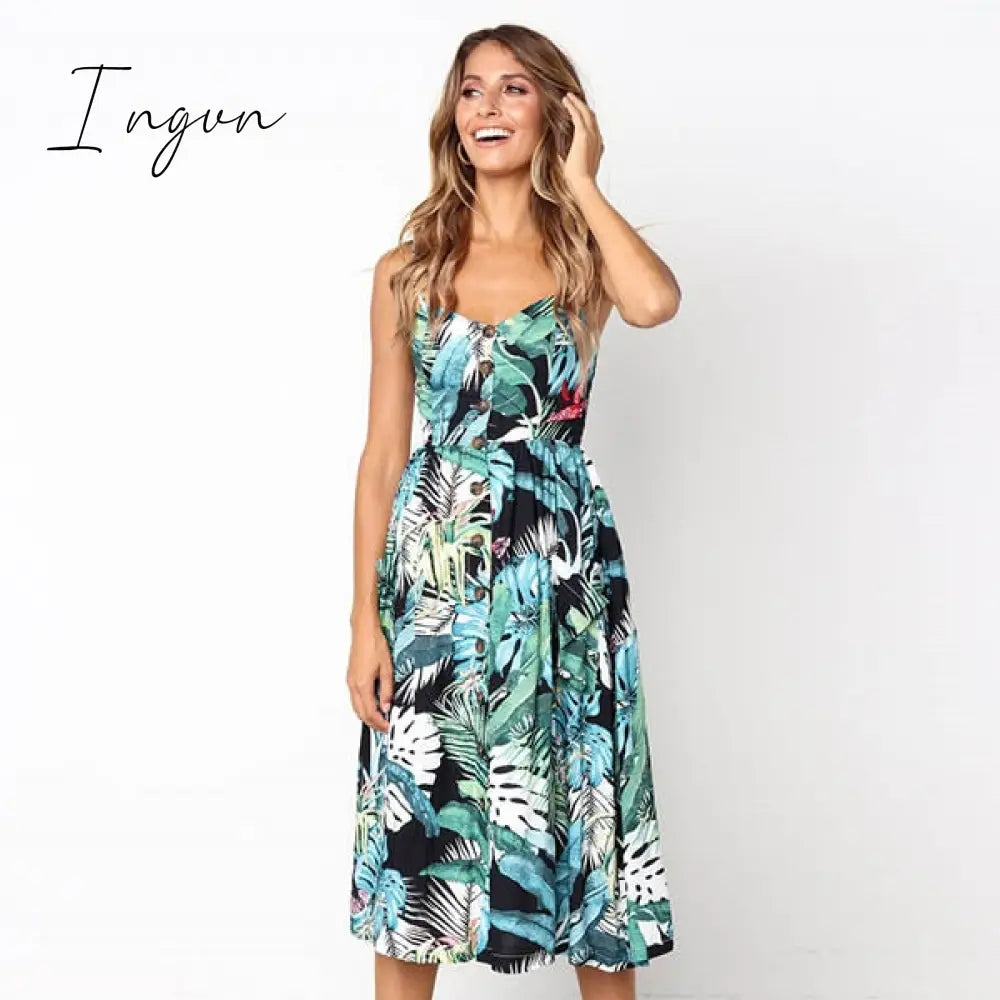 Ingvn - Boho Sexy Floral Dress Summer Vintage Casual Sundress Female Beach Dress Midi Button Backless Polka Dot Striped Women Dress