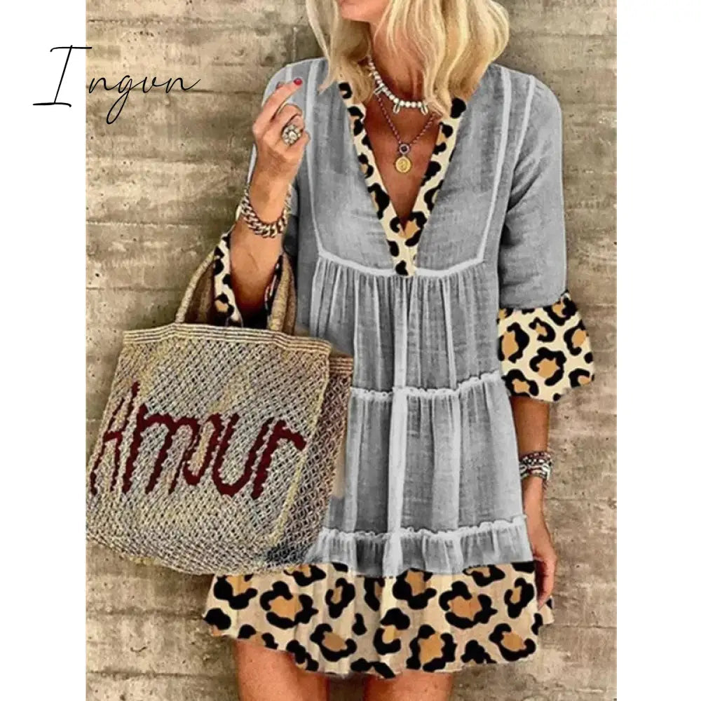 Ingvn - Summer Women's Fashion Leopard Print Stitching Cotton and Linen Dress Loose Casual Bohemian Mid-length Dress Party Beach Dress