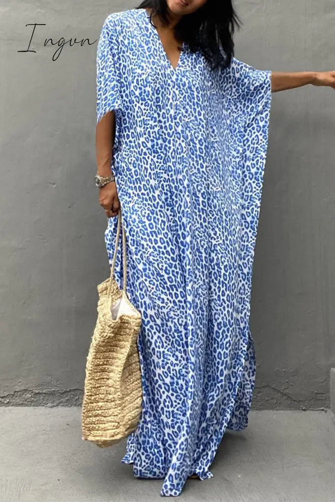 Ingvn - Vintage Vacation Print Leopard Slit Swimwears Cover Up