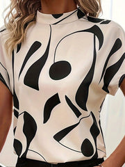 Abstract Print Mock Neck Blouse, Casual Short Sleeve Blouse For Spring & Summer, Women's Clothing