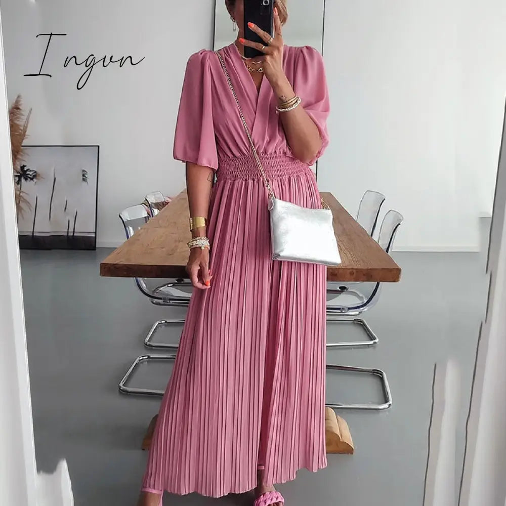Ingvn - Women V Neck Short Sleeve Office Romper Elegant Casual Solid Color Long Jumpsuits Fashion Simple Elastic Waisted Pleated Rompers